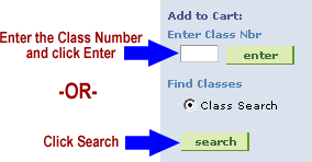 Picture of the Class Number Enter and Find Class section of the Enrollment Cart.