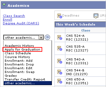 Picture of the Other Academic... drop list with Apply for Graduation marked.