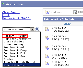 Picture of the Other Academic... drop list with Academic History marked.