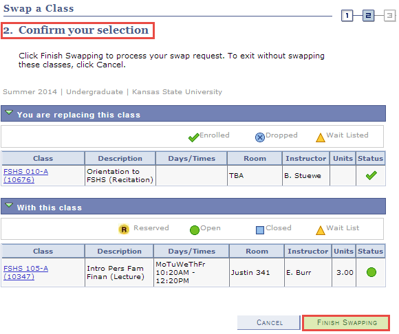 Picture of the Confirm your selection page with Finish Swapping highlighted