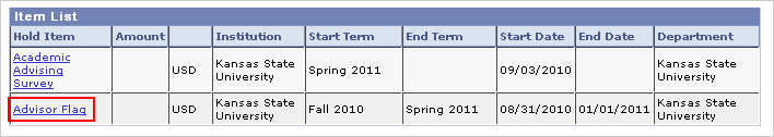 Picture of Your Holds list with the Advisor Flag hold marked.