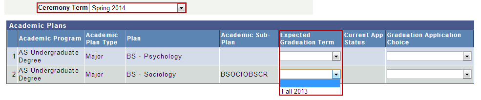 Select the Ceremony Term and Graduation Term