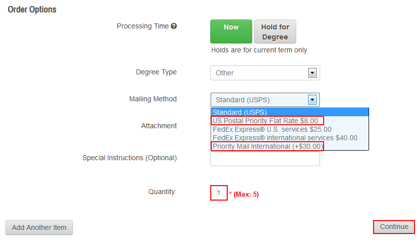 Select the desired mailng method