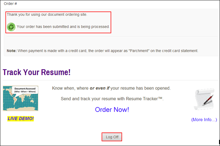 View order confirmation page and click Log Off