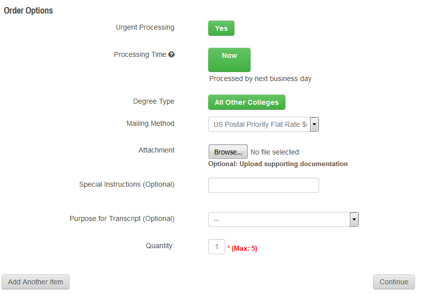 Select the desired Order Options