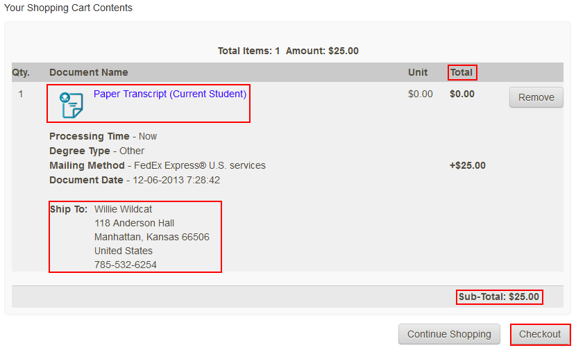 Verify the Document, Ship to, Total and Sub-Total