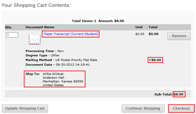 Verify Attached document, total, subtotal and ship to address