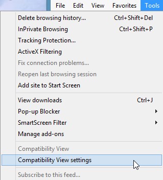 Internet Explorer 10 Tools - Compatibility Settings