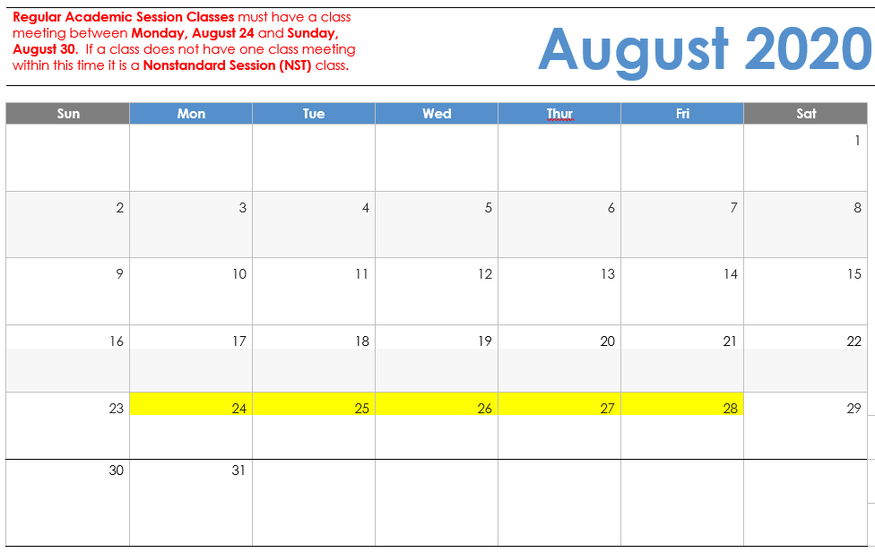 August 2020 Visual Calendar with first week highlighted