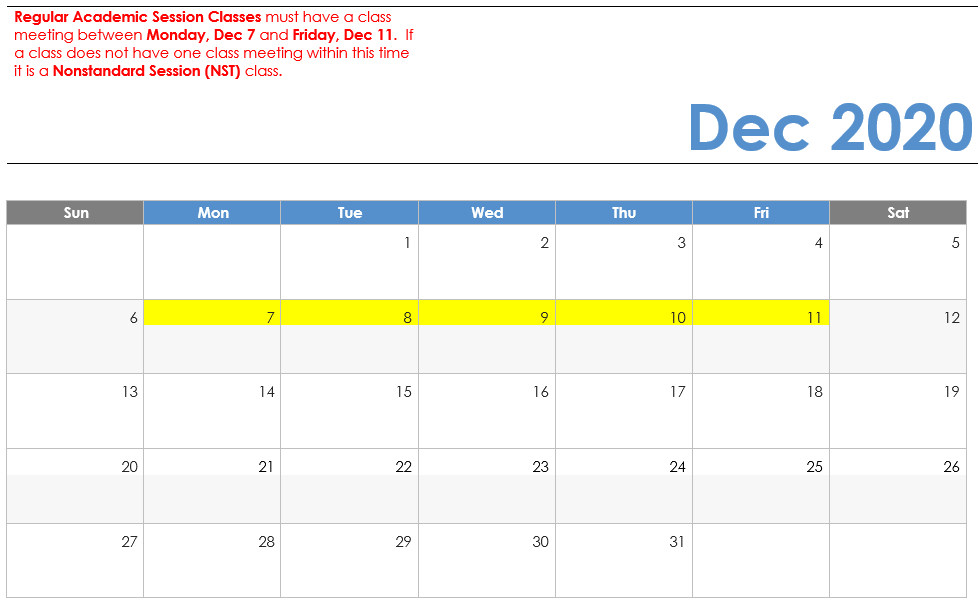 December 2020 Visual Calendar with last week highlighted