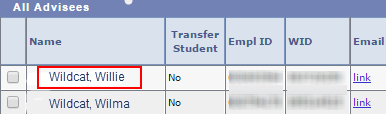 Picture of the advess list with an advisee name highlighted
