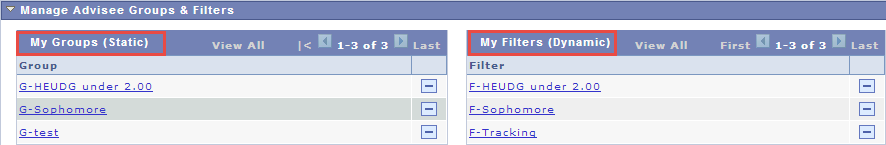 Manage Groups and Filters area