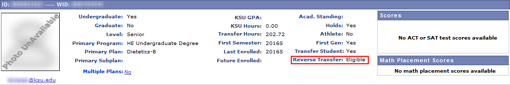 Student Common area with Reverse Transfer indicator highlighted