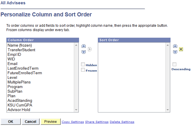 The personalize column and sort order dialog box