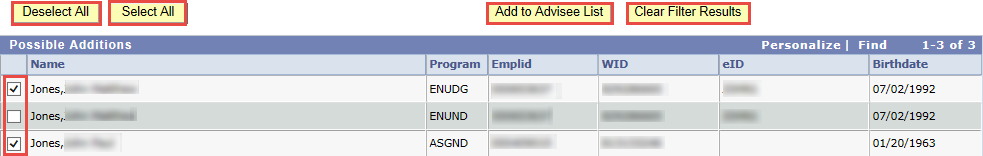 Select desired advisees, Add advisees to the list or Clear Filter Results