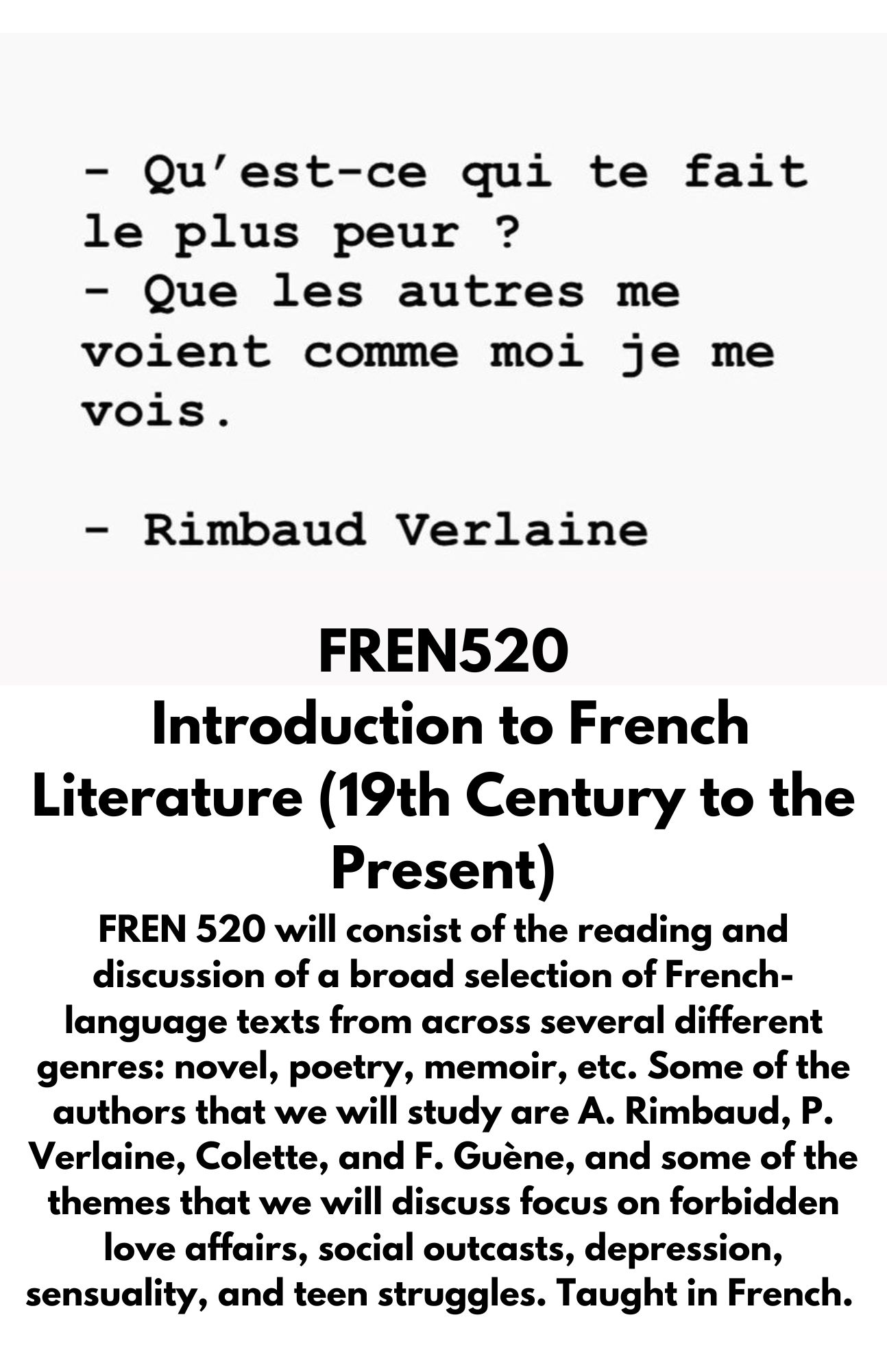 FREN 512 French/Francophone Cinema. Discover French and Francophone cinema through films of the French-speaking world from a variety of periods and genres. This class is appropriate for students who have completed French 4. It counts as an elective for the French major or minor.