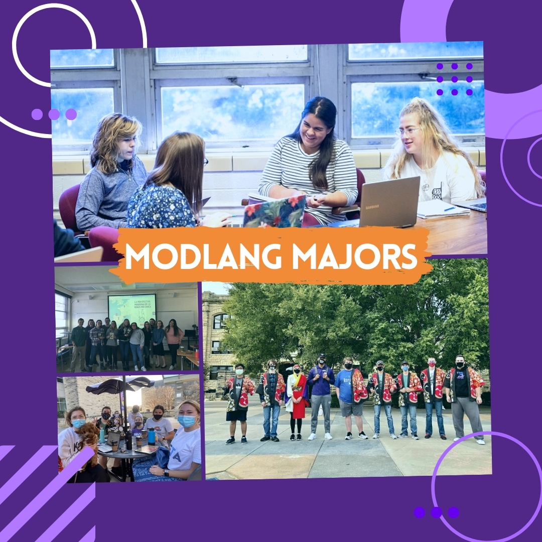 Purple graphic with pictures of stuents in the Modern Languages department, text in the center reads: Modlang majors.