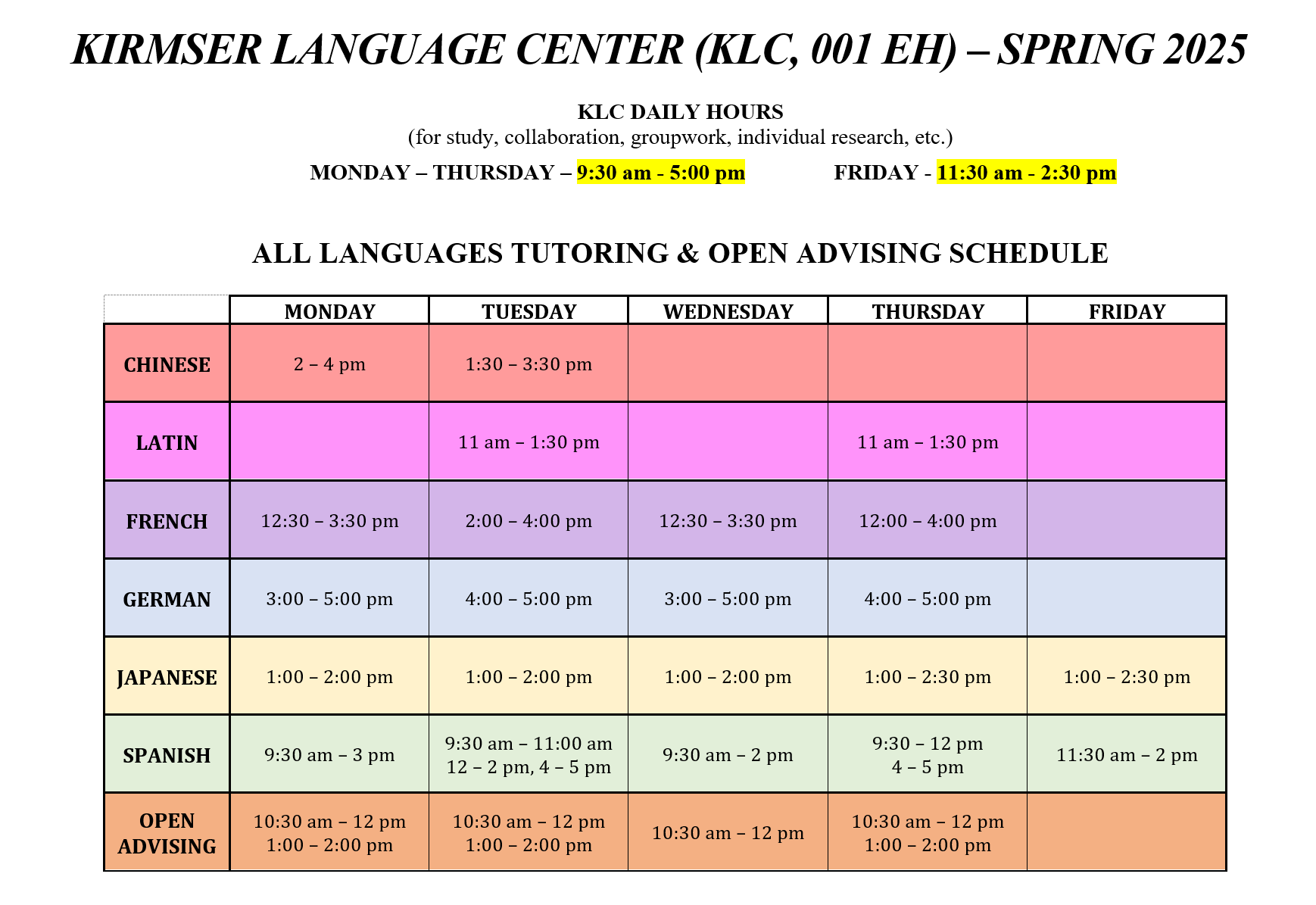 Spring 25 KLC Schedule
