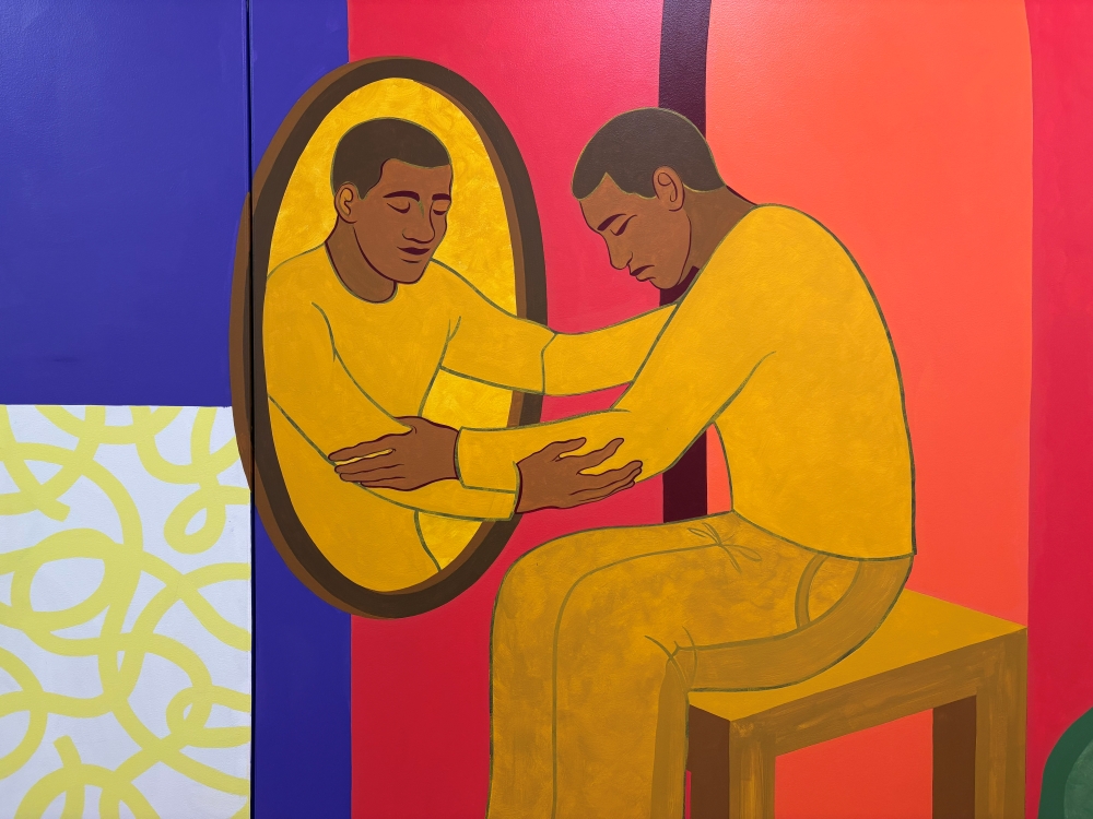Mural - man hugs self in mirror Mural - man hugs self in mirror