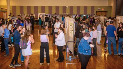 Large ballroom with research posters and presenters