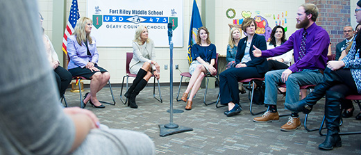 Jill Biden discusses the strengths and challenges of educating military-connected children with Kansas State University pre-service teachers and faculty at Fort Riley Middle School on April 6.