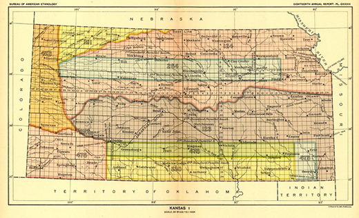 A yellowed, late 19th century map shows in various colors the lands that make up Kansas, broken up by the different treaties with Native Americans for those lands. The Kansas Land Treaties Project, a digital resource for learning how Kansas went from the ancestral homeland of Indigenous nations to a state within the United States, will eventually present the multiple land cession treaties between the Kanza, now Kaw Nation, and the U.S. government.