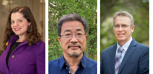 Kansas State University has honored three professors with the prestigious lifetime title of university distinguished professor. From left: Traci Brimhall, professor of English; Yoonseong Park, professor of entomology; and James Stack, professor of plant pathology.