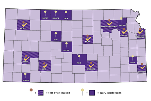 This map shows the 18 counties and surrounding regions that K-State has visited or will visit during two years of community visits. 