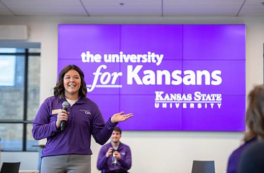 Mackenzie Waggoner, senior in agricultural communications and journalism, Topeka, and a Connected 'Cat student leader, tells her K-State story during the Shawnee County community visit in January 2023.