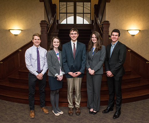 Finalists for the Vanier Family Business Administration Best of Kansas Presidential Scholarship, from left: Jake Willenbring, Cameron Jones, Taylr Bahr, Cheyanne Brunner and Garrett Gunnerson.