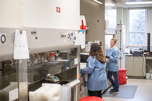 Jennifer Rogosch and Sarah Ochoa Sanchez, diagnostic technicians in the KSVDL's rabies virus laboratory, work on Fluorescent Antibody Virus Neutralization, or FAVN, assays. 