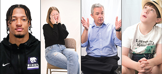 A collage of four different portraits show what appear to be a K-State student looking directly at the camera, a separate student sitting in a chair holding her face, a professor explaining a concept with his hands and a young boy sitting with his hands crossed and looking up.