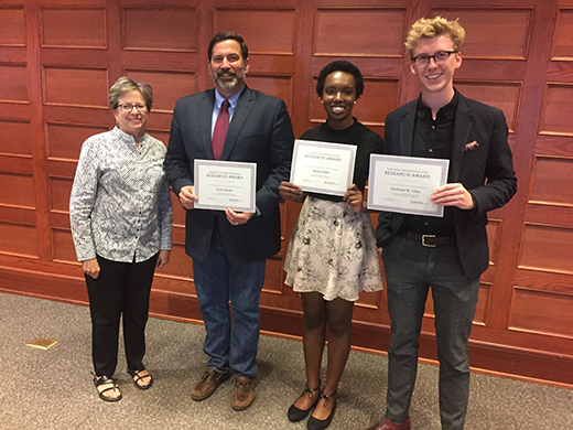 At left, Dean of K-State Libraries Lori Goetsch with three honorees at the Kirmser Undergraduate Research Award ceremony: Scott Heise, Ayana Belk and Zach St. Clair.