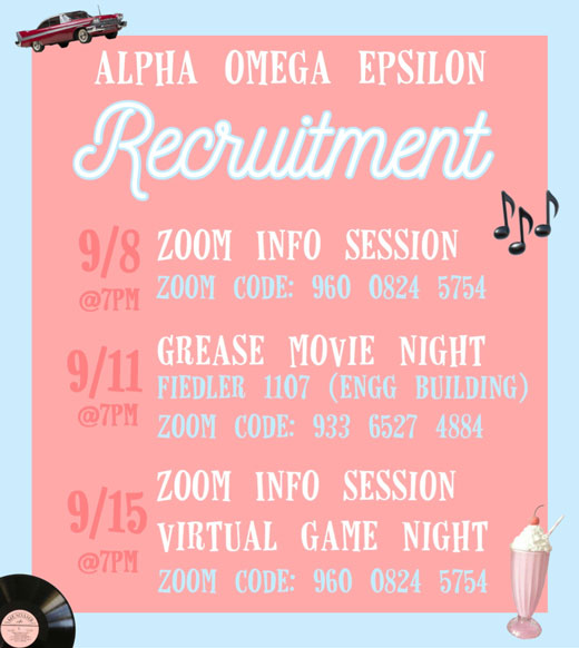 Alpha Omega Epsilon fall recruitment flyer