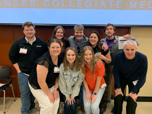 Members of the Collegian Media Group celebrate winning 31 awards at the Kansas Collegiate Media Spring Conference in Wichita, April 21-22. CMG employs more than 100 students who work on three multimedia student publications including the Royal Purple yearbook, Manhappenin' magazine and Collegian print and digital newspaper.