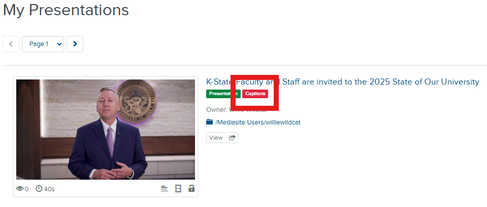 The Captions tile appears below the presentation title in My Mediasite indicating captions are present