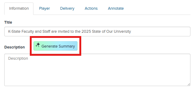 The Generate Summary option appears adjacent to the Description field