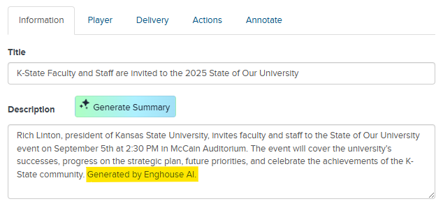The "Generated by Enghouse AI" text is highlighted in a sample AI generated presentation description