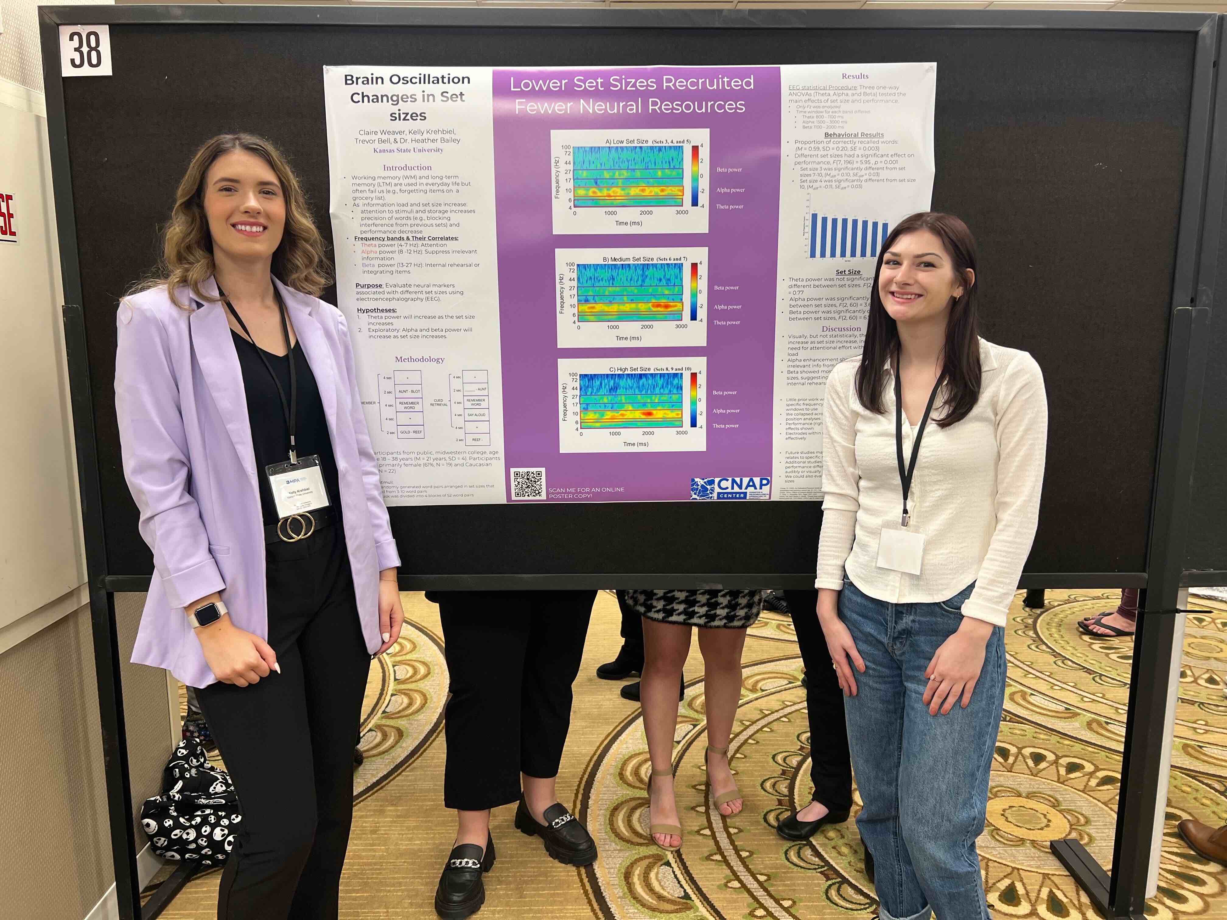 Kelly and Claire are presenting their poster titled "Brain Oscillation Changes in Set Sizes."