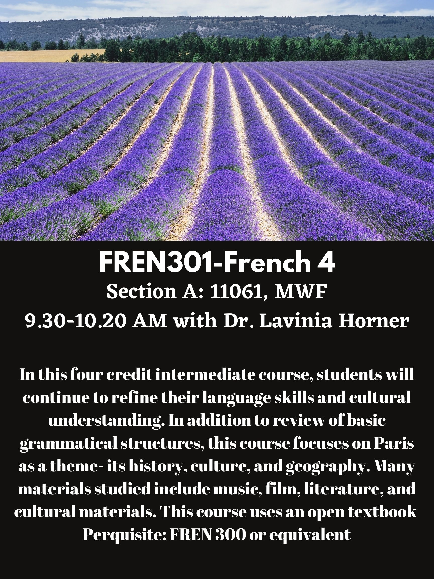 FREN301-French 4. Section A: 11061, MWF 9.30-10.20 AM with Dr. Lavinia Horner. In this four credit intermediate course, students will continue to refine their language skills and cultural understanding. In addition to review of basic grammatical structures, this course focuses on Paris as a theme- its history, culture, and geography. Many materials studied include music, film, literature, and cultural materials. This course uses an open textbook  Perquisite: FREN 300 or equivalent