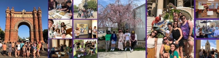 Photo grid of different students from the Modern Languages department posing for pictures in front of art, statues, and doing other activities like reading, baking, etcetera