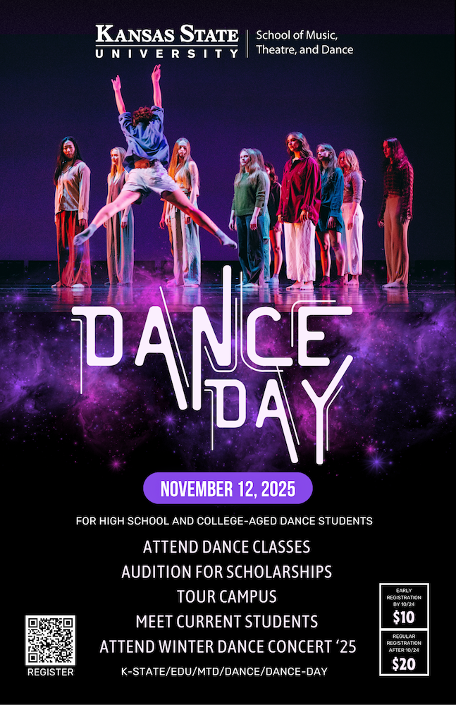 dancers in multicolored loose outfits all look at one dancer leaping in the foreground