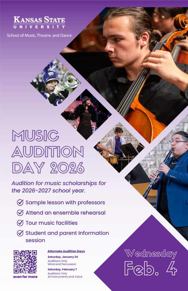 A collage of musicians playing their instruments in a geometric shape with information about Music Audition Day that is including on this page.