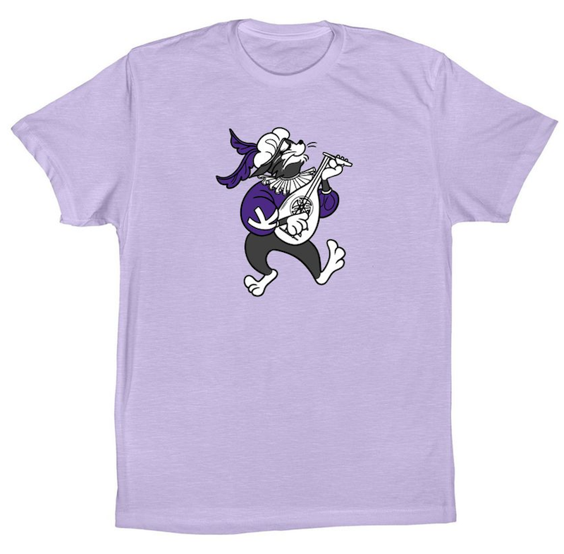 Purple t-shirt with a stylised Willie the Wildcat playing a lute in.