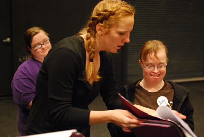 LeAnn Meyer and BFT Actors practicing on book