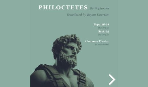 Graphic showing statue of a man and info about the performance