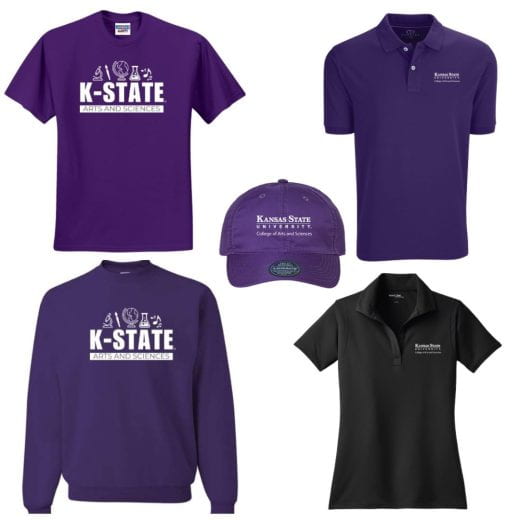 various college-branded shirts and a hat