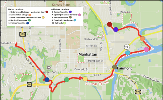 Map of Linear Trail with historical markers depicted