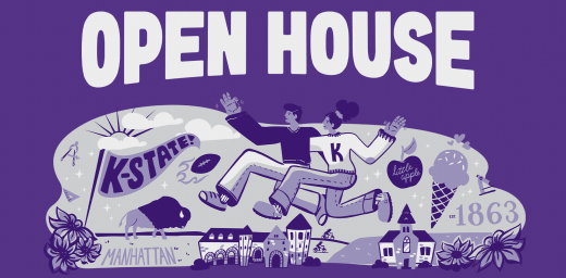 purple graphic with cartoon drawings of 2 people running around K-State icons