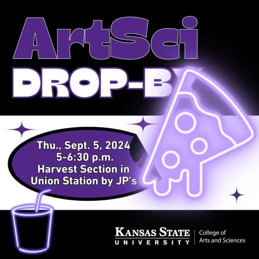 purple, white and black graphic showing purple neon pizza slice and information about the September 2024 ArtSci Drop-By